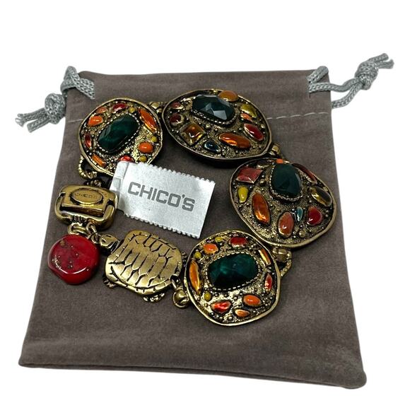 Chico’s Trellis Multicolor Stone Statement Bracelet Antique Gold Tone NWT - Picture 1 of 7